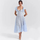 Blue Lace Flare Sleeve Midi Dress